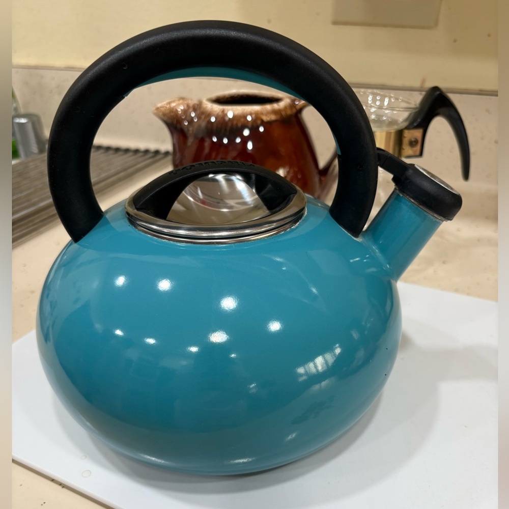 Teal Whistling Stovetop Kettle with Black Handle and Spout Cap